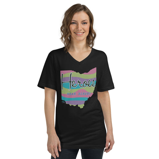 A person wearing a black Heros wear scrubs tee with a multi-colored text design that reads 'Heroscare Ohio's Healthcare Heroes'.