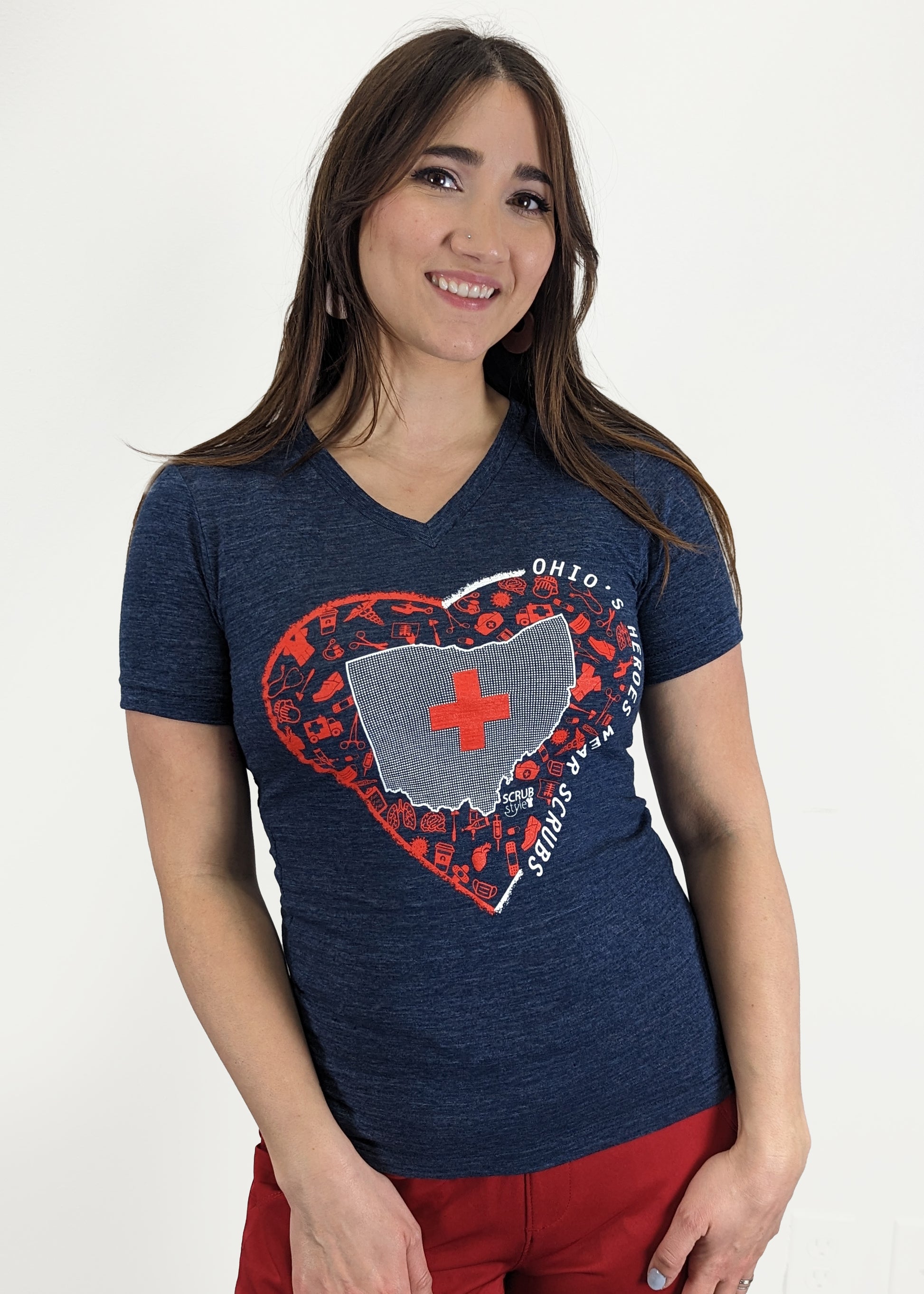  Recent Orders Womens Heart Print Scrub Shirts V-Neck